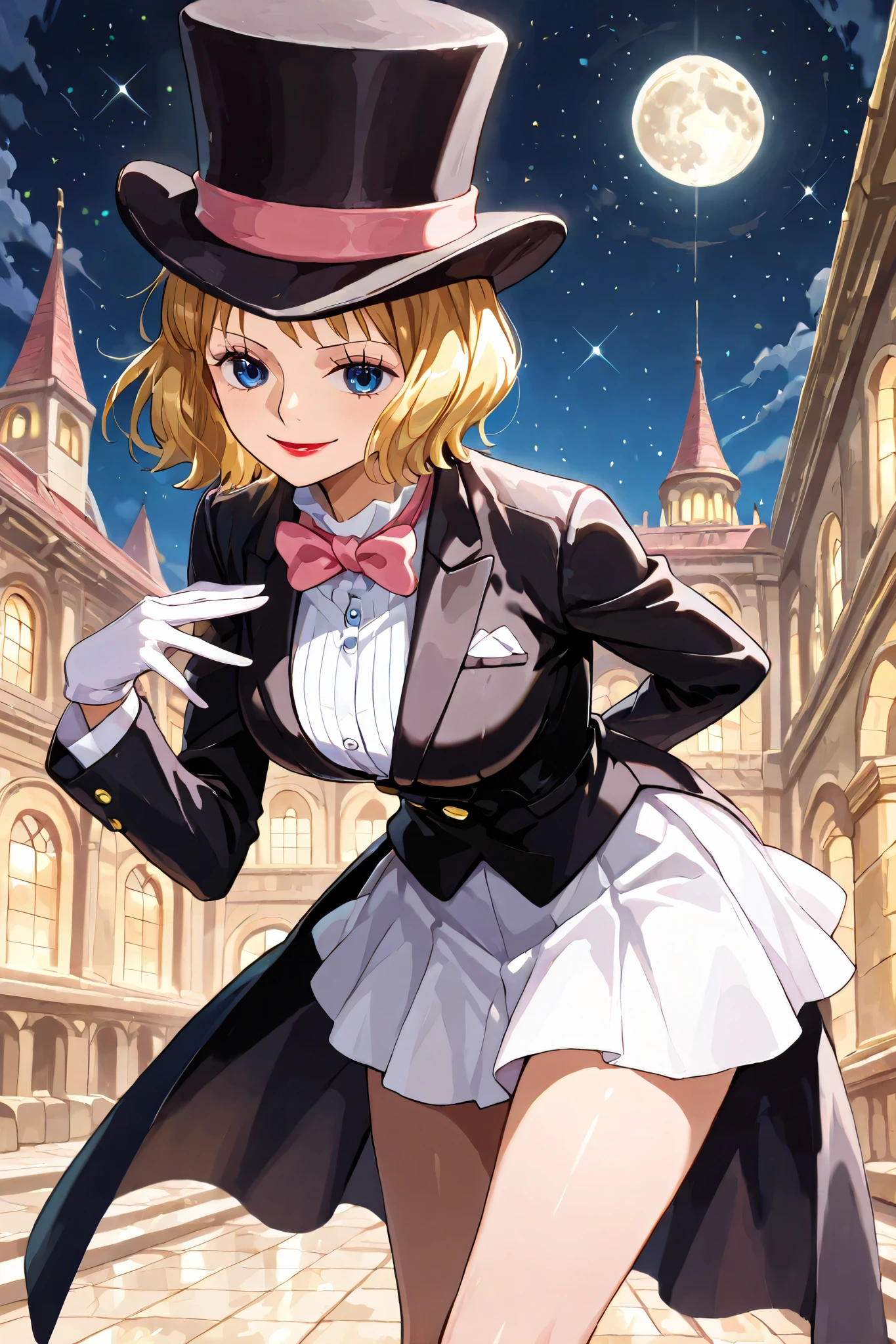 (masterpiece, 2k, high detail) solo, 1girl, stussy, one piece, short hair, blonde hair, red lipstick, blue eyes, sleek legs,( large black silk top hat, pink band) black tuxedo jacket, white shirt under tuxedo jacket, pink bowtie, white miniskirt, ((white gloves)), (smiling, graceful, serene), (dapper), posing in a marble courtyard, night scene, starry background, full moon in the sky, bowing, one hand behind back, offering one hand to the viewer, prim and proper pose, elegant pose, razzle dazzle vibes, close up shot, facing the viewer, eyes closed