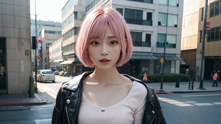 ((Masterpiece)), ((highest quality)), (Super Detail), ((High detail)), 4K, (8K), Highest quality, (beautiful), Realistic photos, Disorganized, Wall street, Pink Hair、chest、chestの谷間、short hair、Earrings、Black T-shirt, satisfied expression, 自然なbeautiful光, かなりbeautiful女性、Look up to the sky、((Don&#39;t see the viewer 1.2))