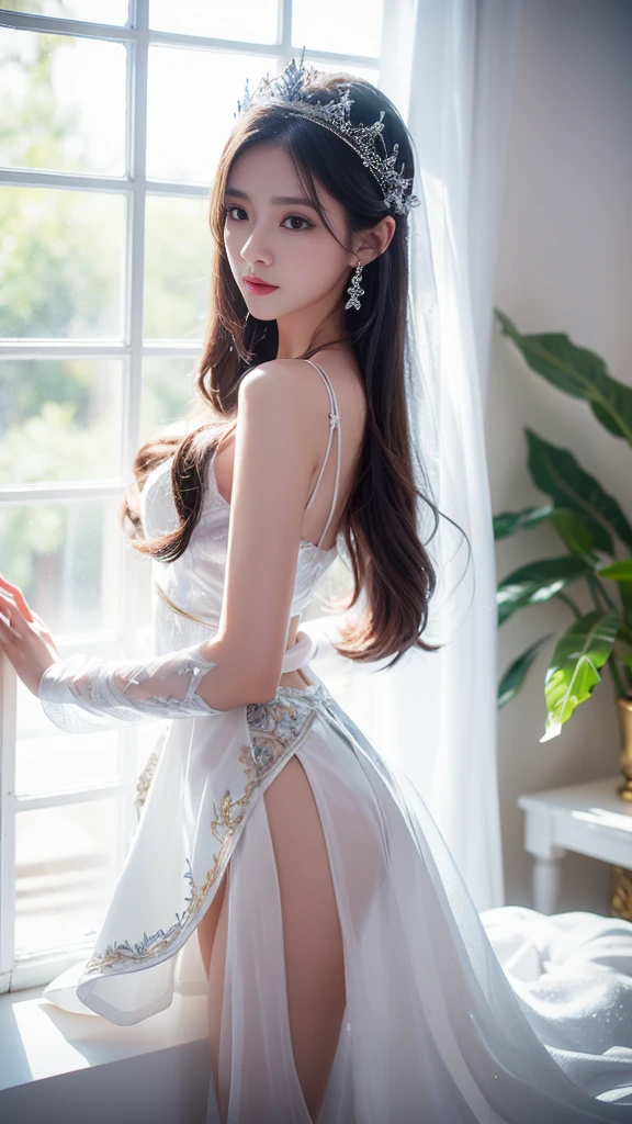 beuaty girl, 水汪汪的The large眼睛, Smiling in white stockings,Great figure,The large,Thin waist,White skin,can see and,,Delicate hair, ancient chinese beauti, wearing ancient Chinese costume, Flowing tulle, light silk,(clean backdrop), clean color, Decisive cut, Blank, unarmed, tmasterpiece, 超詳細, Epic work, high qulity, highest quality, 4K