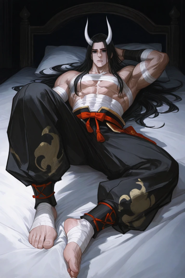 Hot very muscular chinese male concubine in the Han dynasty with long hair dressed in ancient Chinese clothing, on a wooden bed, wearing mostly revealing clothes, his legs are spread out showing off his bulge and tight very hairy hole, only covered by a small stringed thong, his face is serious looking as if he doesn't want it, he has battle scars and very rugged, masculine features resembling a fierce soldier, his legs are spread apart as if he is waiting for his tight hole to be used, front view, view from straight forward
