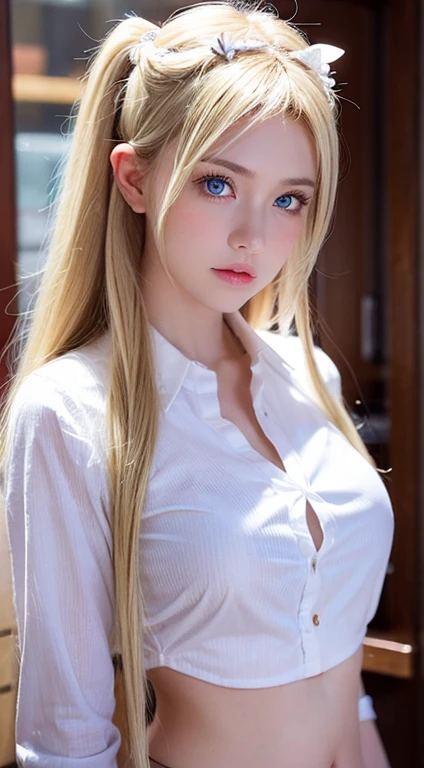 bright expression、Young shiny shiny white shiny skin、Best Looks、Blonde reflected light、Platinum blonde hair with dazzling highlights、shiny light hair,、Beautiful bangs that shine、Glowing crystal clear attractive big blue eyes、Very beautiful nice cute girl、Lush bust,Beautiful detailed eyes, beautiful detailed nose,(( Full body:1.5)),Makeup that the eyes emphasize、, ornate detail, nature backdrop, Hyper-realistic, ((Cinematic)), ((White Shirt Dress:1.4))、(Loose and fluffy perm:1.4)、1 girl in、((Bob Hair:1.3))、Picture-perfect face,clean, Perfect face, Beautiful face, Beautiful eyes, ((Perfect female body)), Solo,(Immersive atmosphere,Luminous lighting),(blush:0.5),fascinated expression,Large breasts,beautifullydetailedbackground,depth of fields,Realistic:1.3, Full body,(Cinematic composition:1.3),((dynamicposes))、(Fascinate boldly:1.5)