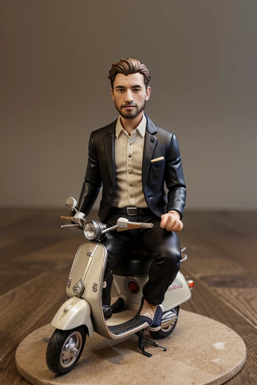 Realistic image of a classic Vespa miniature in orange, the image is located on a shiny black glass table, like the typical appearance of a classic Vespa, depicts a 32 year old Indonesian youth showing off his Vespa, there are several beautiful flower pots on the table, cell phone, dark background. Maximum detailed image results , the image quality is very good and clear, the results of classy professional photographer camera shots with clear, high-quality contrast