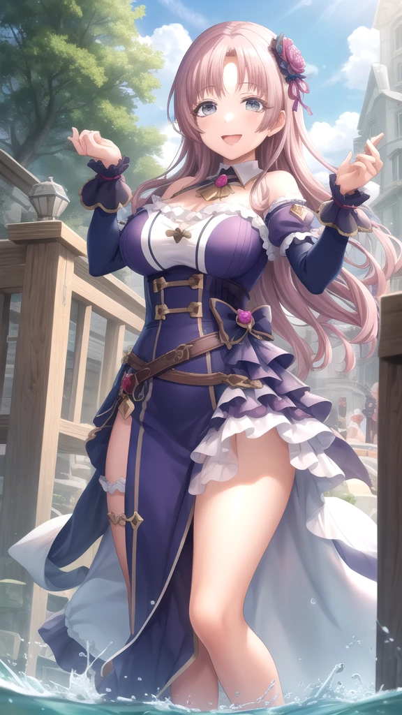 girl，Large Breasts，long hair，Topless，Bow，Blonde Hair, Purple Eyes, Cleavage，Large Breasts,whole body，foot