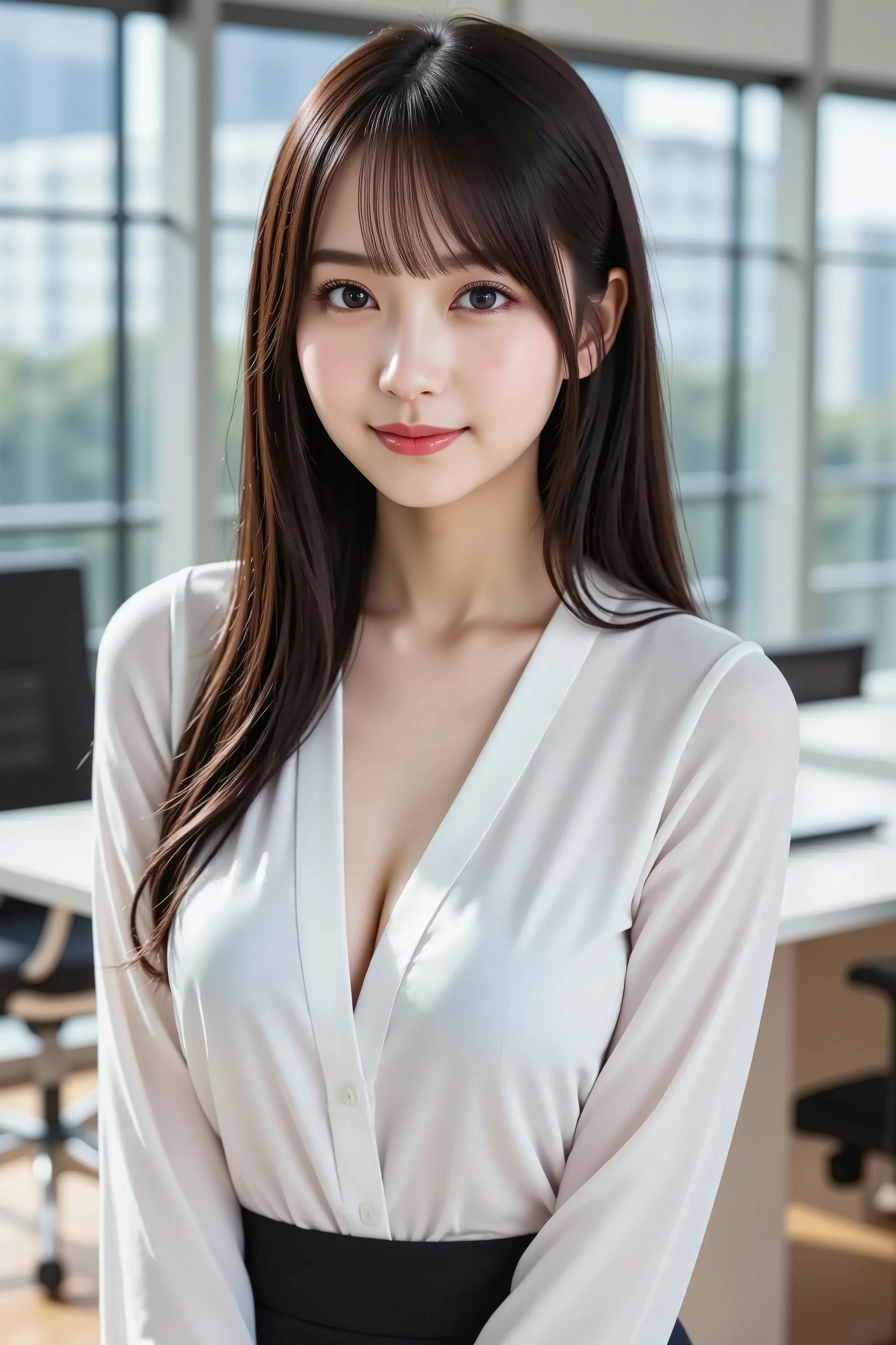 (Detailed skin:1.2),(Glowing Skin:1.1),8k,Highest quality, masterpiece, Ultra-high resolution,(Realistic:1.4), RAW Photos,(Soft Saturation:1.3),(Fair skin:1.2),1 Female,Improve,compensate,(lipstick:1.1),(eyeliner:1.2),mascara,eye shadow, Glamour, Large Breasts,Blonde and brunette, Medium Hair, Asymmetrical hair, Wavy Hair, Asymmetrical bangs,White collared shirt,Ribbon tie,Knee-length pleated skirt,Perfect body、(((1 female)))、(((Beautiful and accurate five fingers)))