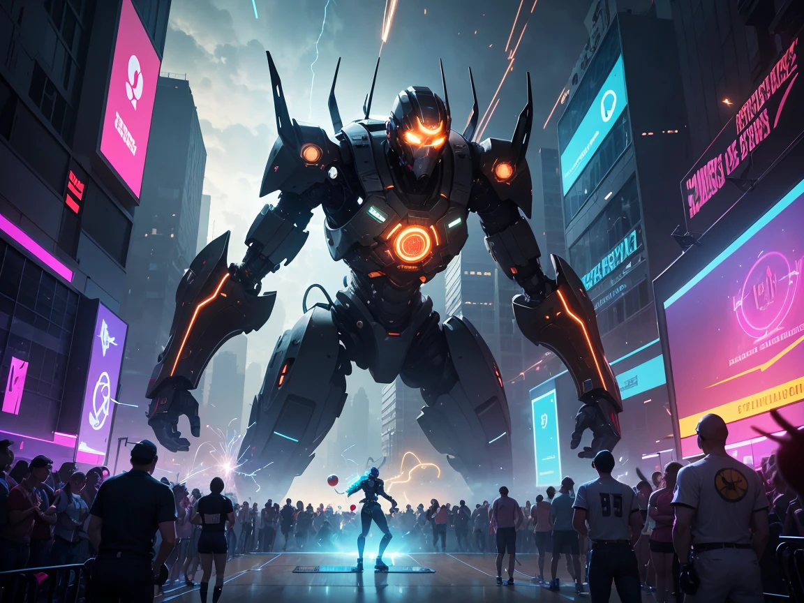 masterpiece, best quality,illustration, shape man invading city, fire, (battle scene:1.2), many people, (Huge mech:1.3), fear, night scene,game cg, extremely detailed cg unity 8k wallpaper, cityscape, glowing light, motion blur, monster, orc, goblin, looking up,(Escape crowd:1.2)