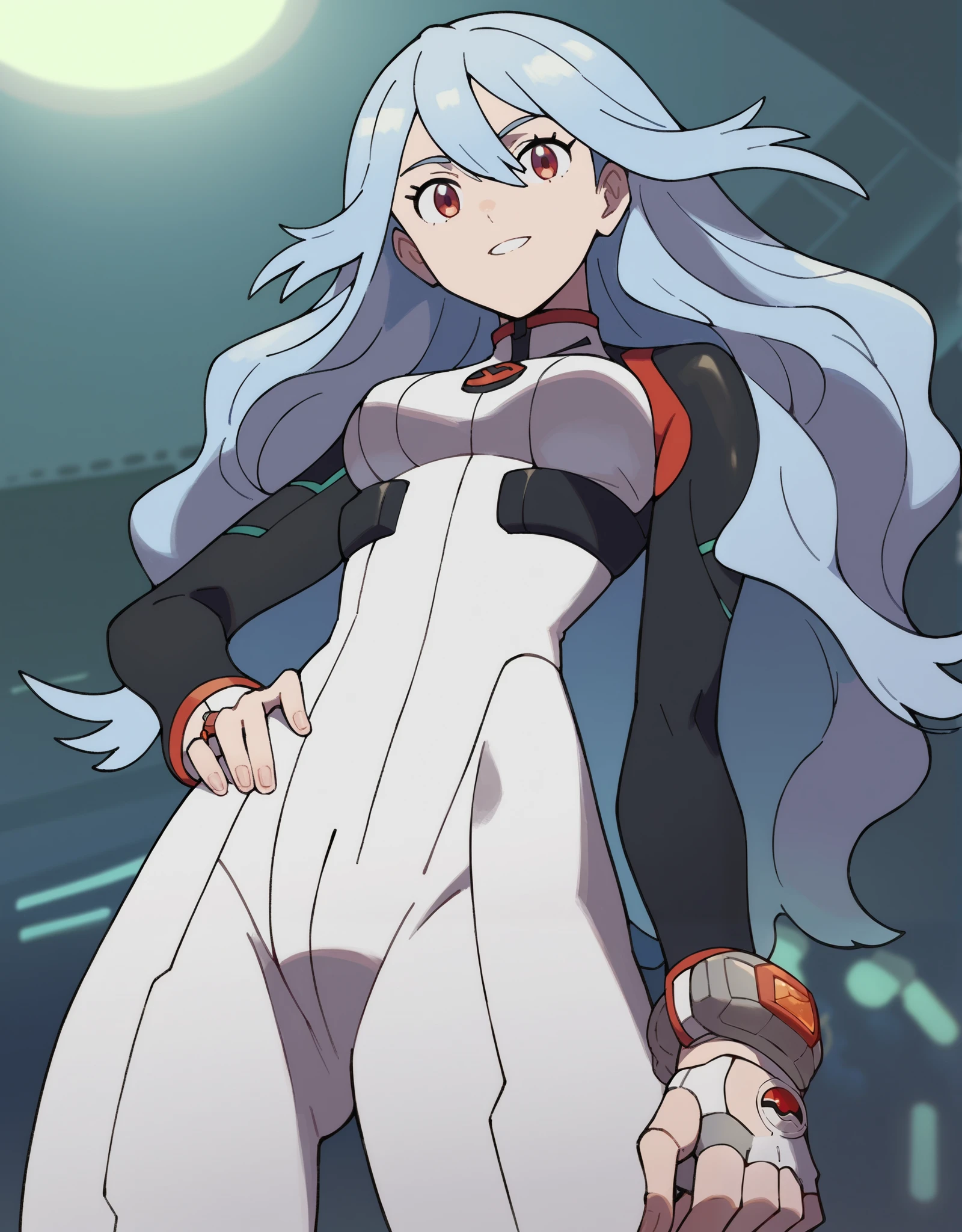 score_9, score_8_up, score_7_up, Rei, pokemon pokemon_(anime) pokemon_journeys pokemon_sv pokemon_bw2 1girls score_9, score_8_up, score_7_up, pokemon pokemon_(anime) pokemon_journeys pokemon_sv pokemon_bw2 1girl, from below, Anime girl, short pale blue hair, red eyes, emotionless expression, mysterious, futuristic plugsuit, white suit, black and green accents, sci-fi, laboratory, ethereal, introspective.