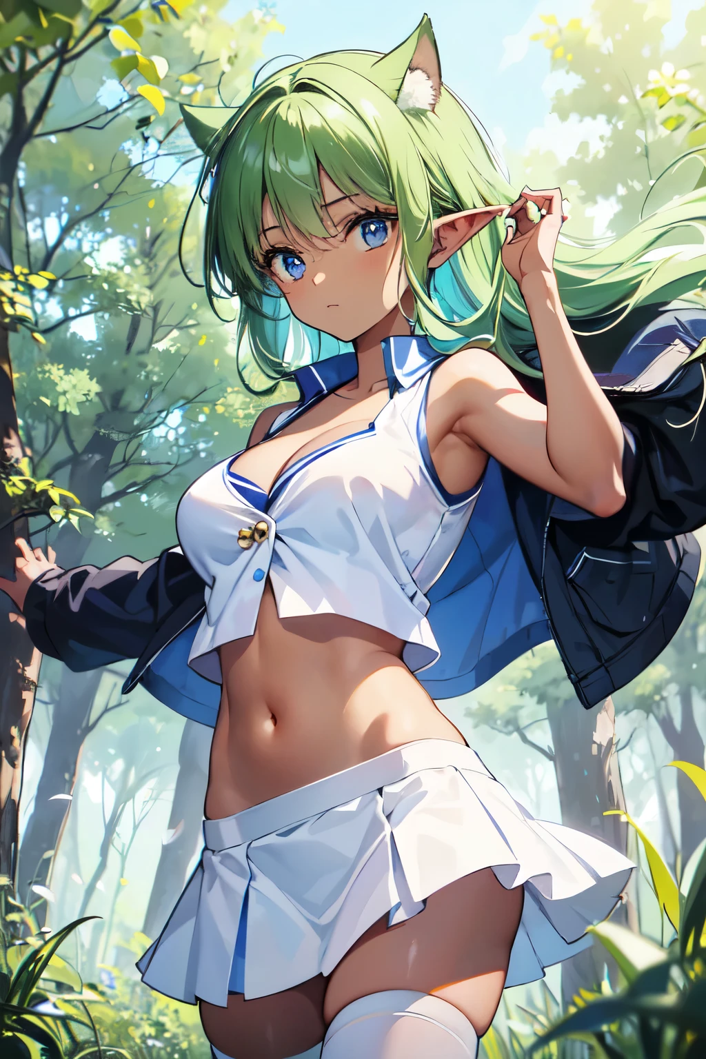 (busty girl), solo, (unexpected expression)(mouth open, (white jacket), (short pink t-shirt), narrow(white thong)(highleg)(high-cut), (nipples under shirt), narrow constricted waist, (exposed belly)(belly button), Small hips, bare hips, (partially exposed)vulva(labia), (blond hair)buns(twintails), White ribbon, Dark Eyes, blue eyes, sunny metropolis, clitoris(crotch wedge)cameltoe