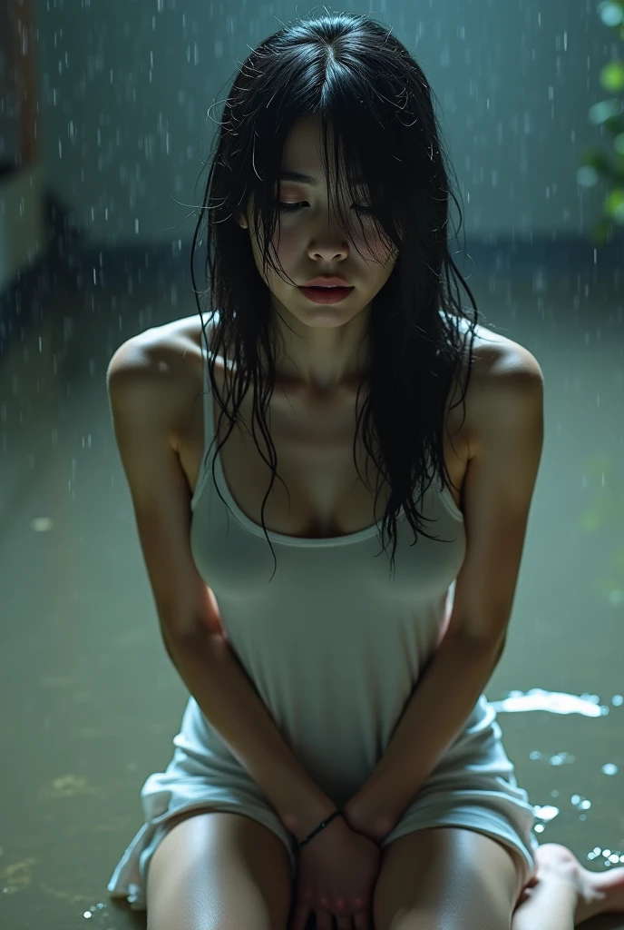 (cinematic tones)(The film uses cool colors of blue and gray)(wet:1.9),(Get wet all over your body:1.9),Superior image quality, masterpiece, Ultra-high resolution, (Fidelity:1.4), photore, deluge, incredibly beautiful woman, (Deepest condolences), naked, dim lights, dark, Desperate, Pity, Pathetic, cinematic, Tears, tear, bare shoulders, real rain, wet hair, photorealistic full body portrait. Surprising crying, White and fair skin, There are scratches everywhere, Dirty face, Bare feet without underwear, White skin, chest, Thighs, Smooth skin, Amazingly realistic images, 8K high quality medium dark lighting, High detail, Detailed Eye, Detailed Face, Remove All Clothing