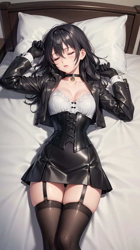 Suit,Collared shirt,Belt bag,Suspenders Black Miniskirt garterbelts knee high Stockings Black Niso Colorcon armpit sweat perspiring Side of both hands,Black jacket,Gaze,ample bosom,Armpit sweat,Exposing the armpits"Tight clothes、Raise your hands、wristbands Lying in bed Behind the back