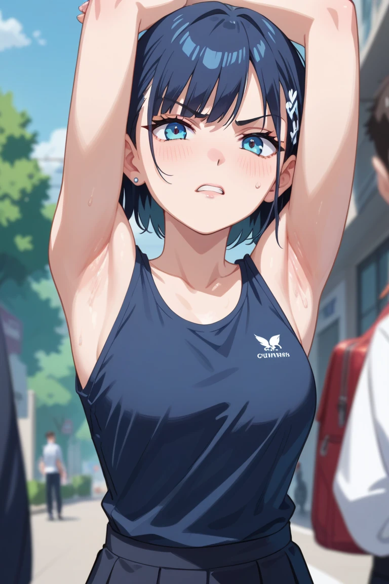 masterpiece, best quality, high quality, beautiful anime character, solo, anime girl with dark blue hair, messy hair, medium length hair, huge long ponytail, ponytail, blue eyes, elf ears, slightly big breasts, mature female, tall female, big girl, thick, (calming face, blush, light smile, loving eyes), outdoors, ((gym clothes)), standing, slim thick, short medium hair, short sleeves, round glasses, legs, stretching,