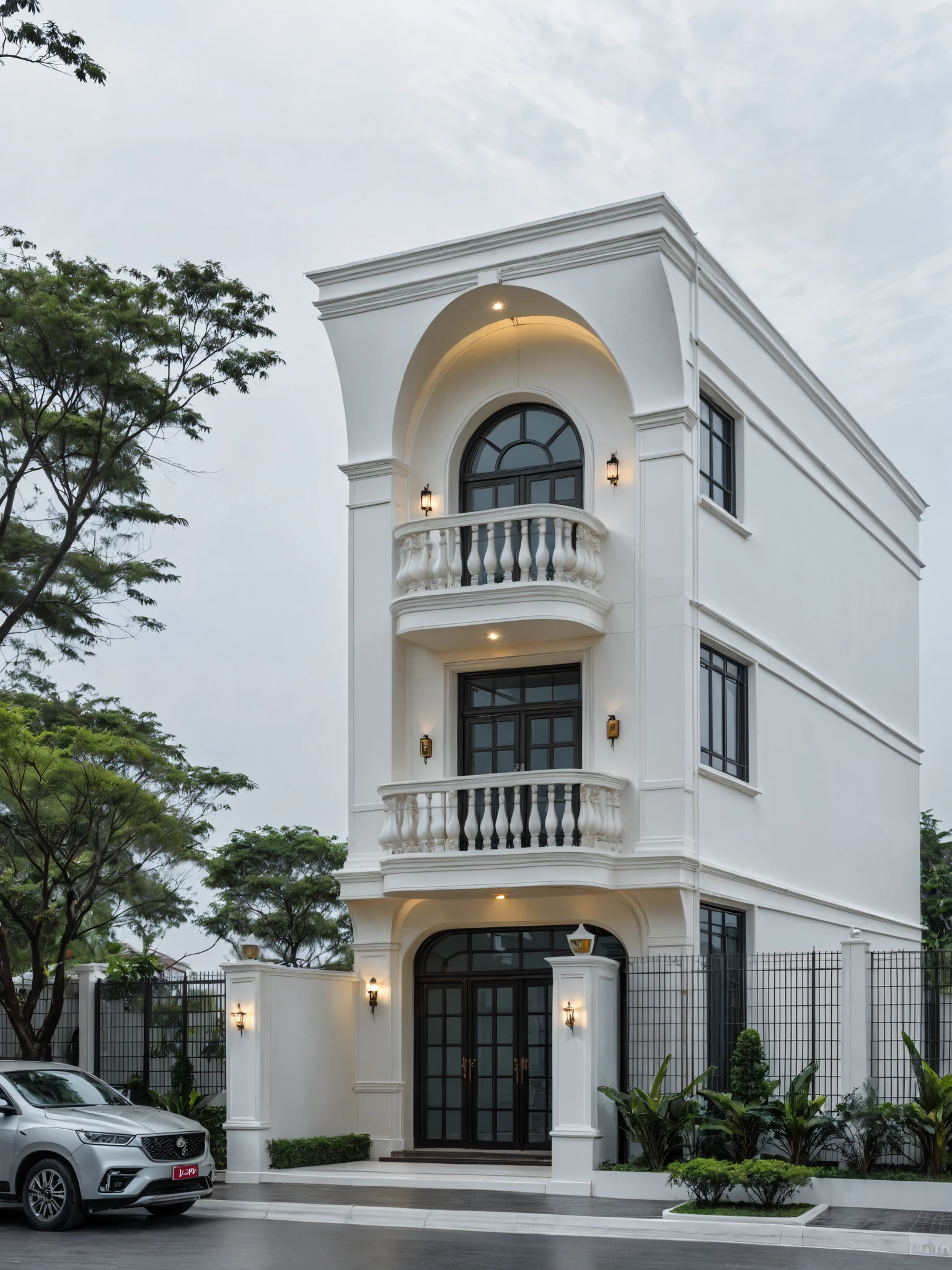 RAW photo, a photo of a classic house, (curvilinear architecture:1.4), rounded wall , white wall ,steel dark door, classic bancony, sidewalk, sidewalk, trees, road, viet nam modern residence, ((architectural shot)), classic house, new residential area, wide angle exterior 2022, contemporary house, exterior photography, masterpiece, contemporary architecture, overcast, indirect lighting, rainy road,