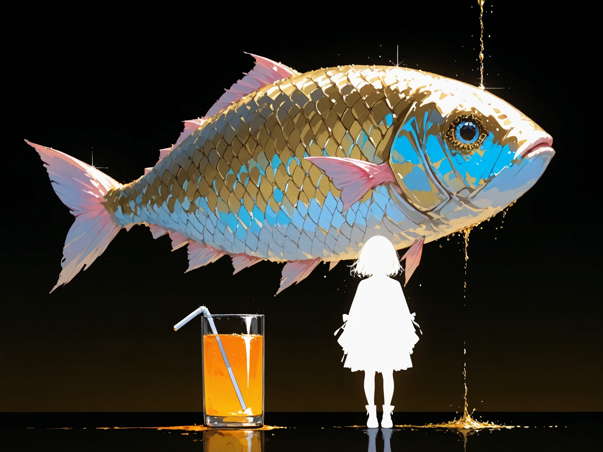 sensitive,ultra detailed, juice, standing, solid gold background, surrealism, on right, fish-eye lens, low brightness colors