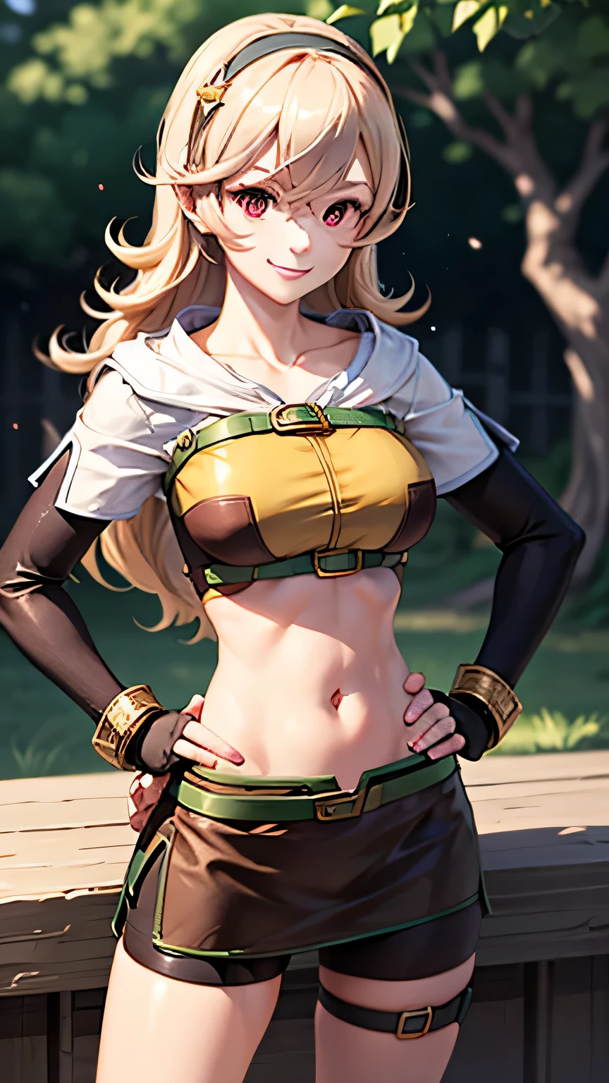 corrin, 1girl, solo, smile, jewelry, red eyes,hands on hips