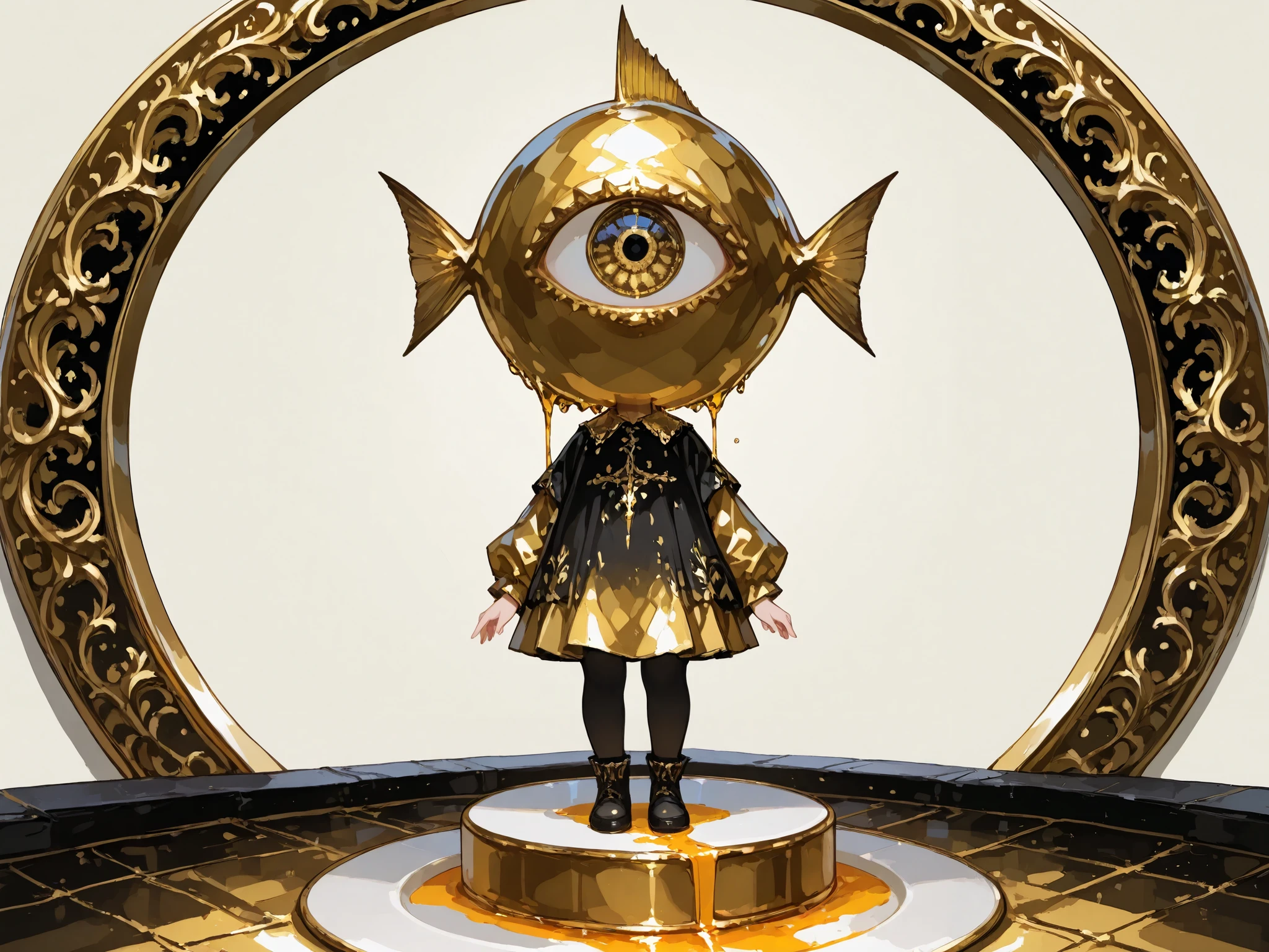 sensitive,ultra detailed, juice, standing, solid gold background, surrealism, on right, fish-eye lens, low brightness colors