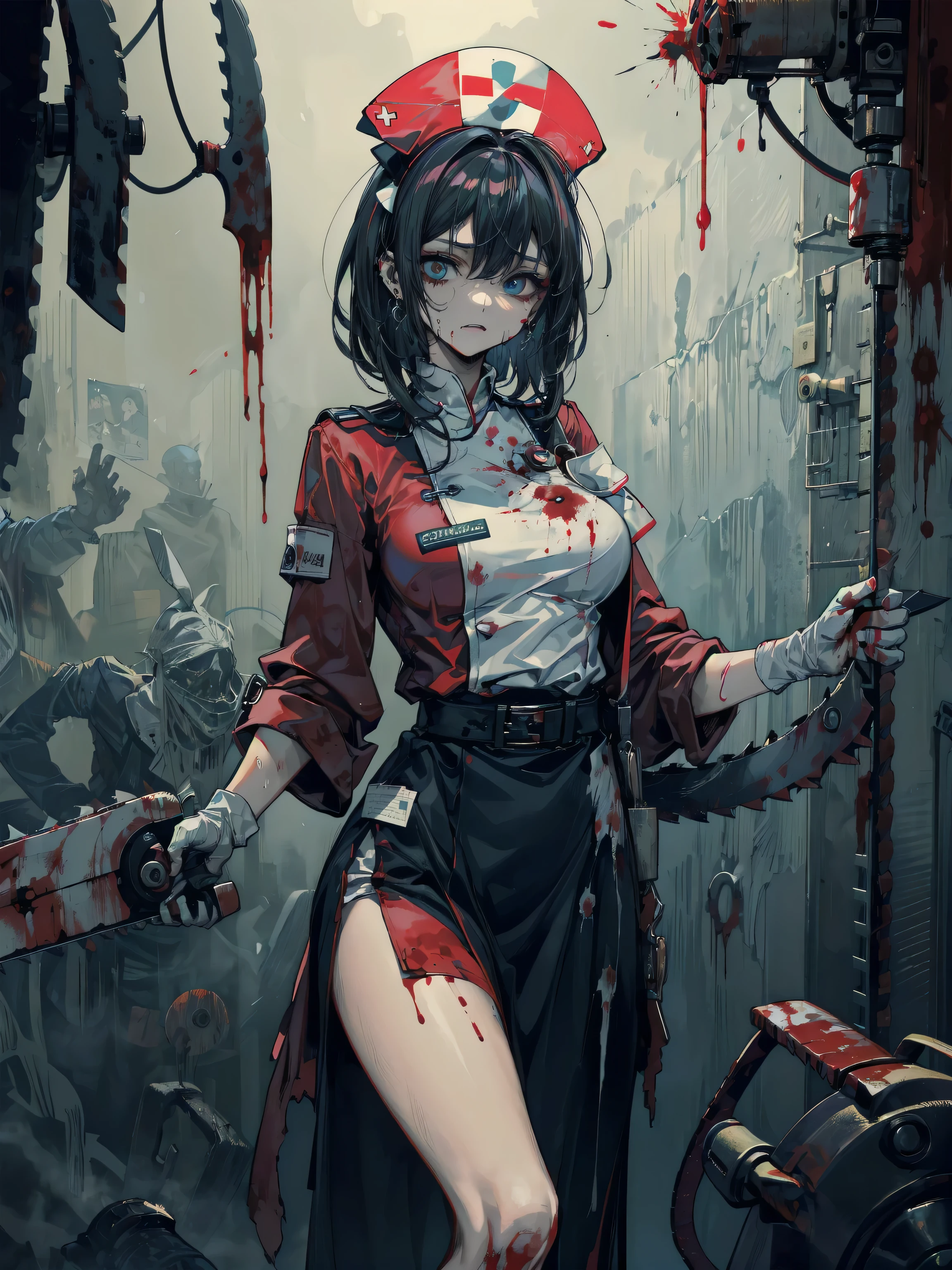 official art, unity 8k wallpaper, ultra detailed, beautiful and aesthetic, High quality, beautiful, masterpiece, best quality, (zentangle, mandala, tangle, entangle:0.6), male focus limited palette, low contrast, 1girl, serafuku, long straight black hair, lycoris flower, goat skull, (red, black), (horror), (gloomy), blood, masterpiece, best quality, ultra-detailed, 1girl, beautiful detailed eyes, beautiful detailed glow, cuberpunk, extremely detailed CG unity 8k wallpaper, tall slender body, tall girl, long wavy black hair, green eyes, athletic build, size 3 chest, white lab coat, black T-shirt, black pants, lab room, medium breasts, rain, cyberpunk city, cyberpunk armor, full body,