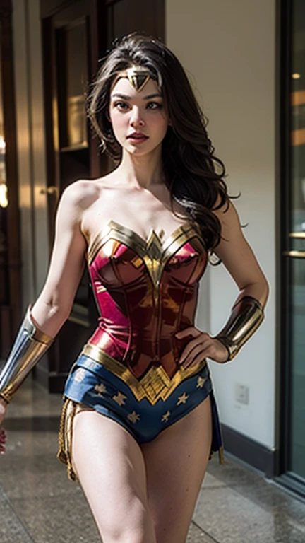 Wonder woman wearing red sarri floting in air looking down