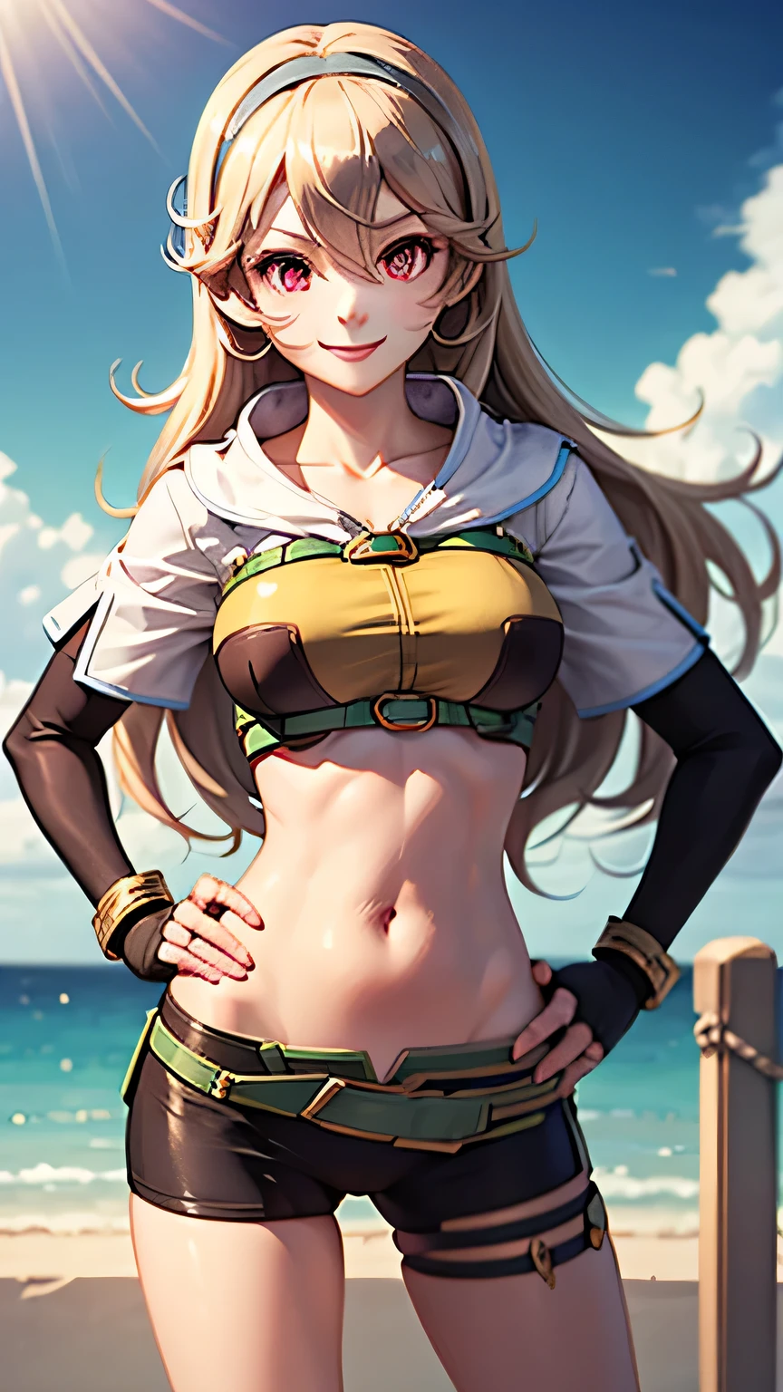 corrin, 1girl, solo, smile, jewelry, red eyes,hands on hips