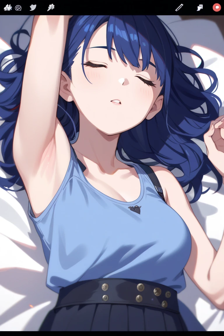 A sleeping girl 1.60 meters of dark blue hair, tight blue pajamas and very large breasts and she is a small girl