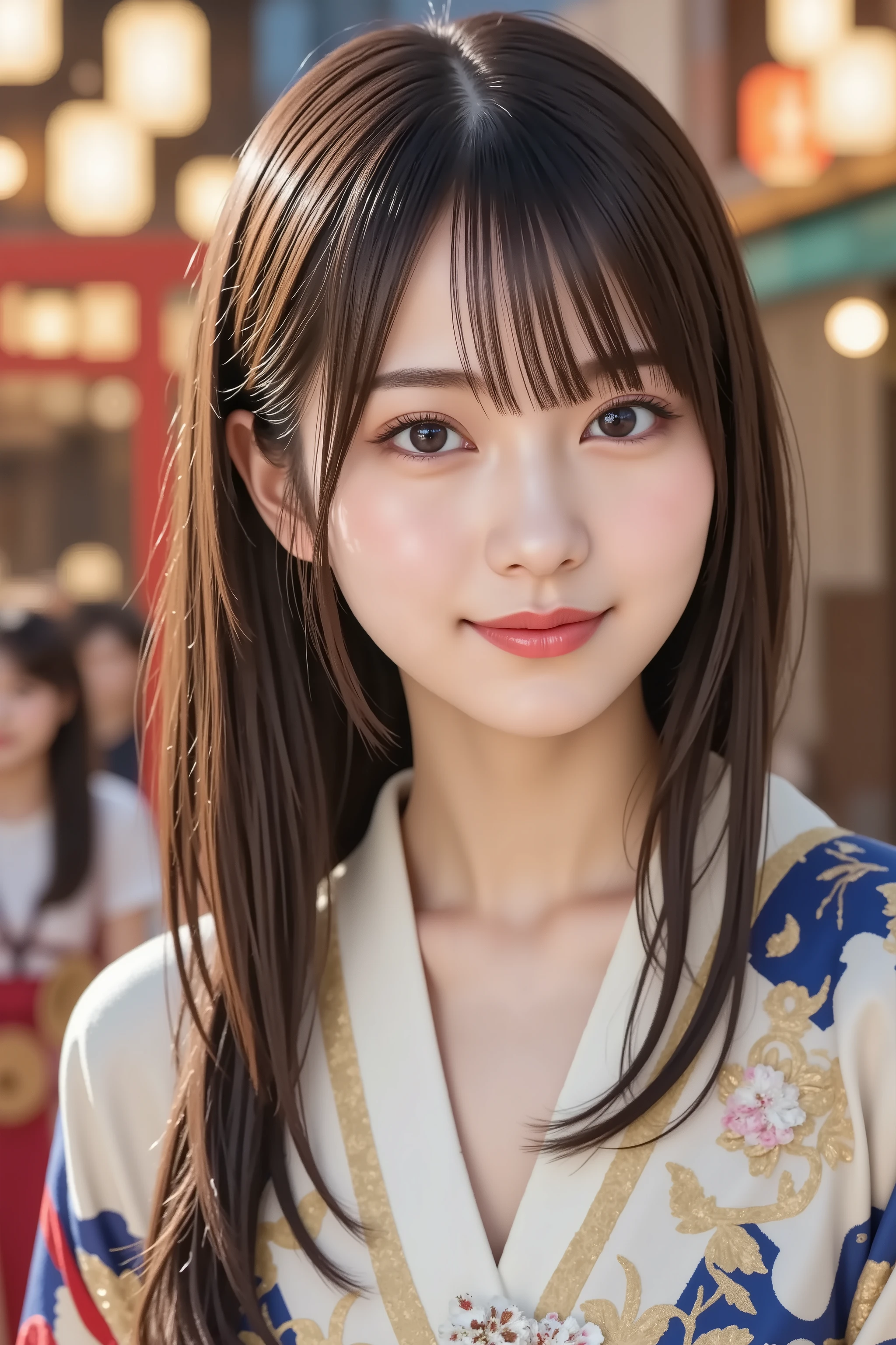A highly detailed and ultra-realistic digital illustration of a beautiful young Asian woman, explicitly framed from just above her chest upwards, fully capturing her entire head, including the crown and clearly visible hair whorl. The composition ensures her facial features are perfectly centered, with clear, radiant skin, softly blushed cheeks, and a bright, open smile revealing her teeth, giving a warm and joyful expression. Her naturally pink lips are slightly parted, showcasing a friendly and inviting smile. Her large, expressive eyes sparkle, enriched with delicate eyelashes and subtle, elegant makeup, enhancing the liveliness of her joyful expression.

Her straight, sleek black hair is gracefully styled into an elegant updo, adorned with an exquisite kanzashi hairpin featuring delicate floral designs, adding a touch of traditional Japanese beauty to her appearance.

She wears an exquisite, traditional Japanese furisode kimono, adorned with intricate patterns of cherry blossoms and elegant golden embroidery, showcasing rich cultural aesthetics. The long, flowing sleeves add depth and grace to her appearance, while a vibrant obi belt with intricate detailing enhances the authenticity of her attire.

The background is a lively Japanese festival scene, filled with glowing paper lanterns, vibrant red torii gates, and bustling festival stalls selling traditional street food and colorful decorations. Soft bokeh lights from distant festival lanterns create a warm, immersive ambiance, while a subtle golden glow highlights the intricate patterns of her kimono. The festive setting enhances the celebratory atmosphere, immersing the viewer in the rich tradition and beauty of a Japanese matsuri.

The overall image is crystal-clear, hyper-detailed, and rendered in stunning 8K resolution, ensuring breathtaking realism and depth.
