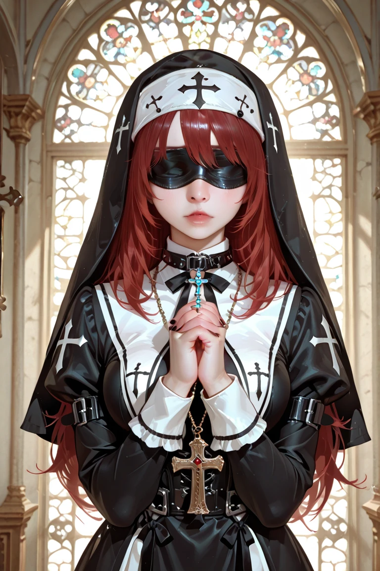 best quality, masterpiece, 1girl, solo, <lora:plugGag-000050:0.8>, plug gag, gagPlug, nun, habit