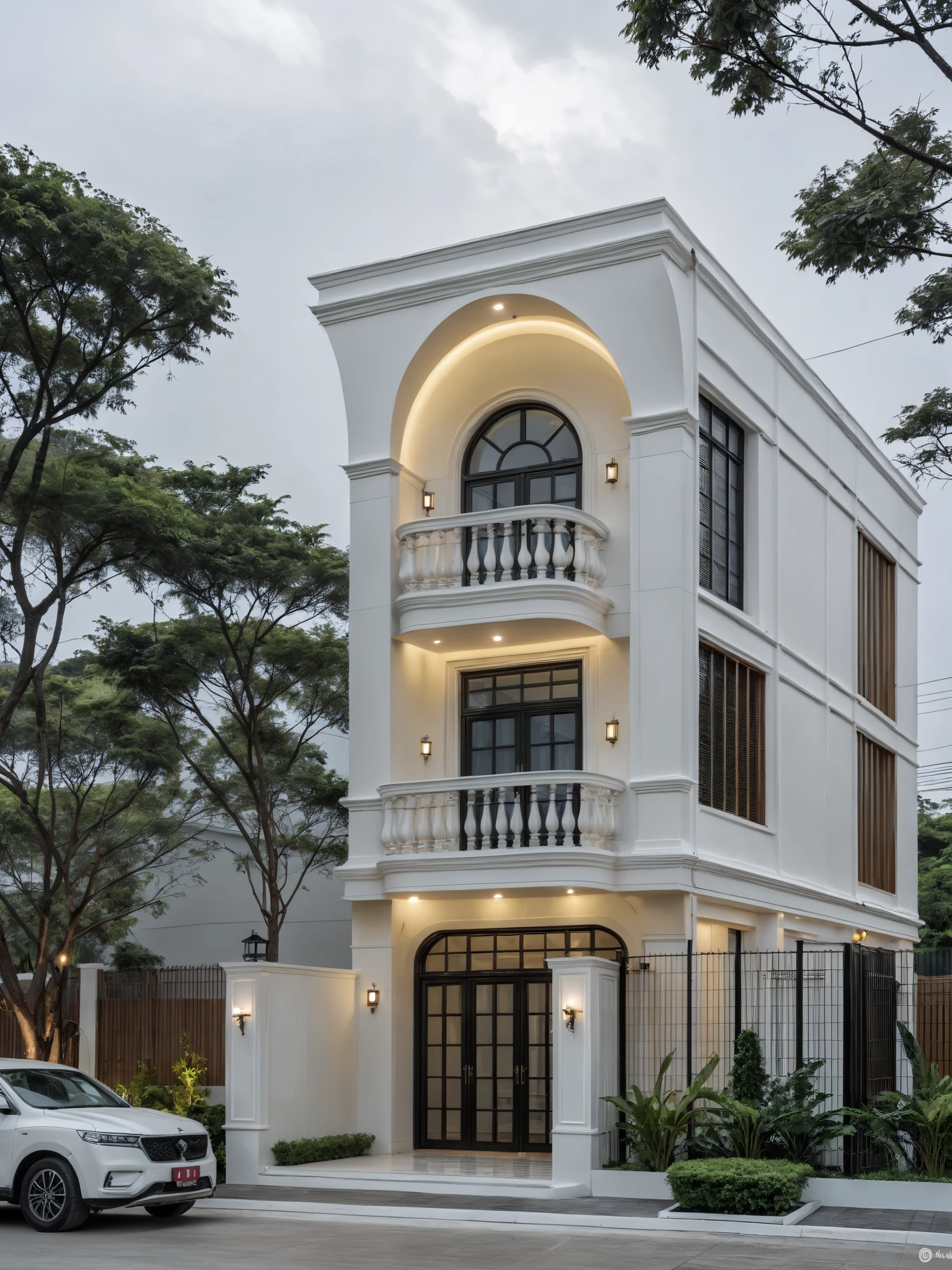 RAW photo, a photo of a classic house, (curvilinear architecture:1.4), rounded wall , white wall ,steel dark door, classic bancony, sidewalk, sidewalk, trees, road, viet nam modern residence, ((architectural shot)), classic house, new residential area, wide angle exterior 2022, contemporary house, exterior photography, masterpiece, contemporary architecture, overcast, indirect lighting, rainy road, light interior