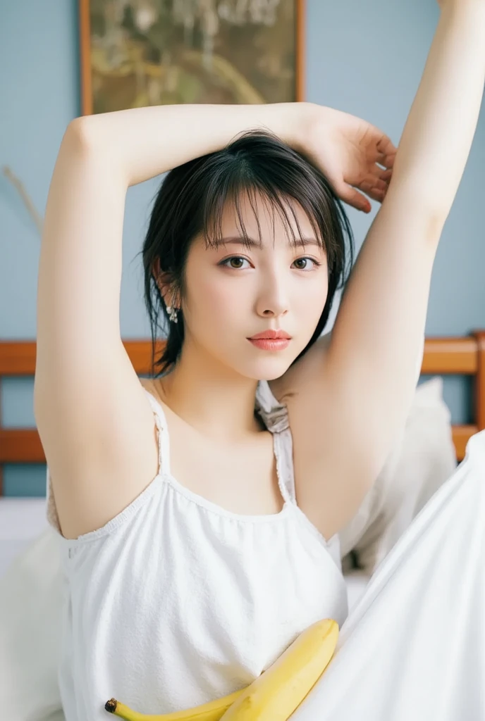 masutepiece, Best Quality, 8K, 10yo student, Teen, Raw photo, Solo, Idol face, Delicate girl, Upper body, Digital SLR, Looking at Viewer, Candid, Sophisticated, Thin arms, Professional Lighting, Film grain, chromatic abberation, (Eyes and faces with detailed:1.0), (Bokeh:1.1) , gigantic breast , Distant viewpoint , bed , laying on back , Perspective from above , closes mouth , A dark-haired , dishevled hair , tennis uniform , Looks like you're about to cry