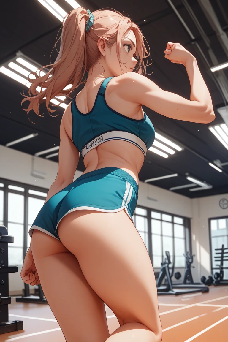 (super flat, flat shading), Honors Type, Really blushing, 17 years old, high school girl, wearing pink training bikini wear, cameltoe:1.5, ponytail brown hair, Glasses, sweaty healthy body, mesugaki smile, bare legs, ultra realistic, early morning, breeze, (kneeling leaning forward), (from behind:1.5), in crowded track and field,