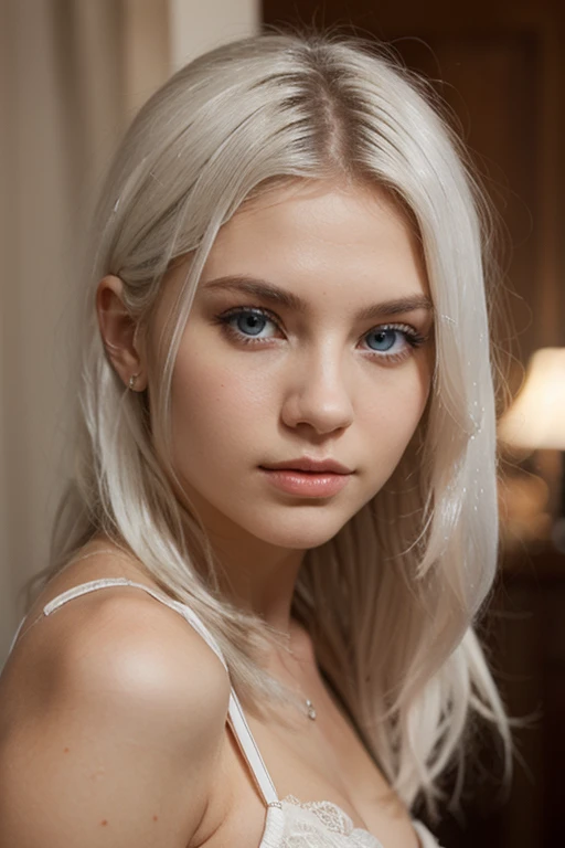 portrait of young 25 age mimika woman, platinum blonde hair, blue eyes, centered view