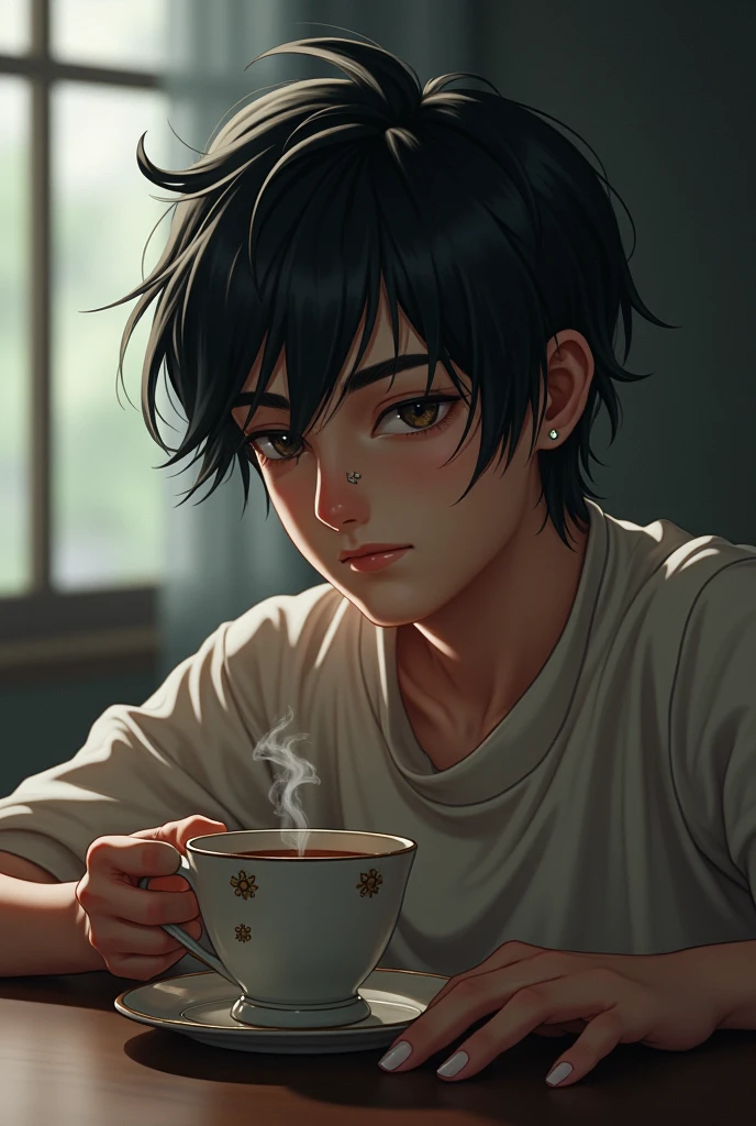 Boy with black long hair brown eyes white skin 
wear black hudi and drink a coffee
