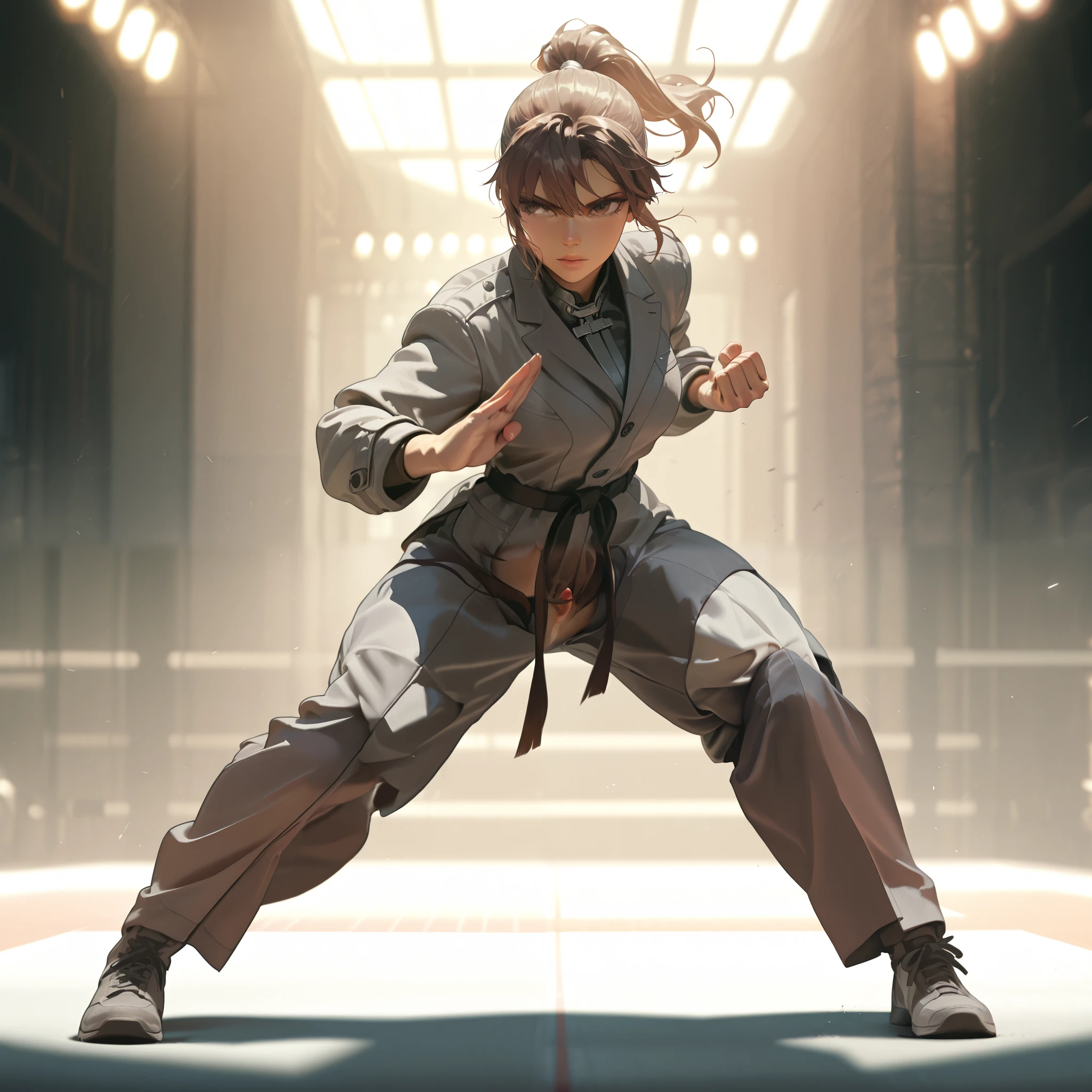 ultra detailed, 8k, ultra realistic, masterpiece, cinematic lighting, 1girl, 19y, standing, portrait, front view, gray outfit, brown hair, ponytail, two loose strands, light brown skin, brown eyes, calm look, fighting position, full body
