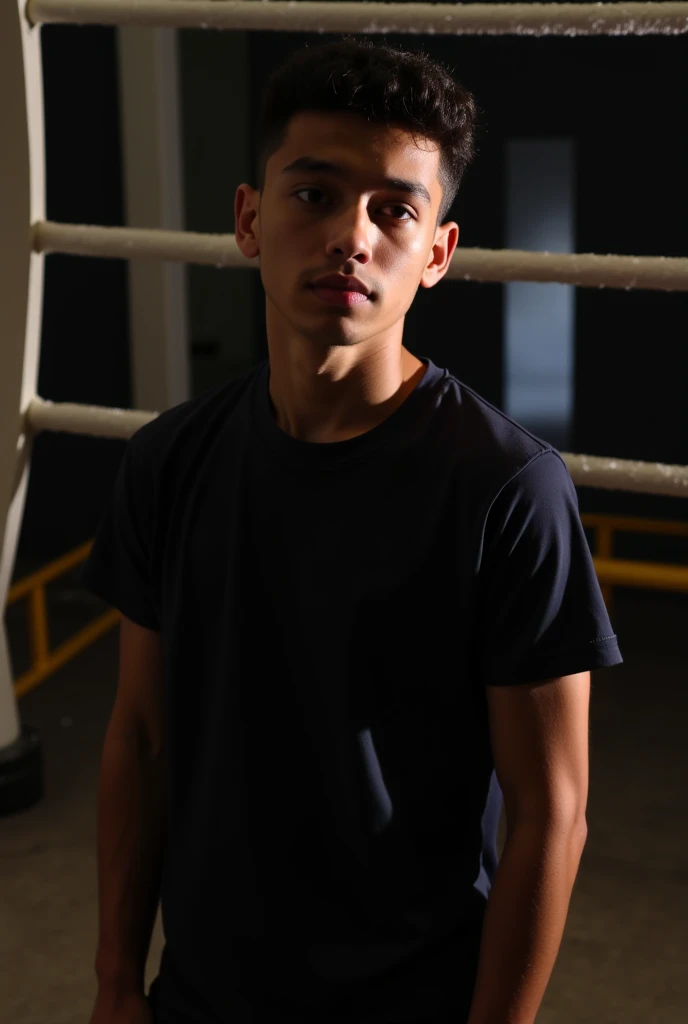 A teenage boy with a mock face and a humped nose and an open cut hairstyle with a small lip and a sibyl bottom and brown eyes who has a body like Arnold and has a scar like thunder on his right eye And he has muscular legs and is wearing salmon shoes and is standing in an underground bunker