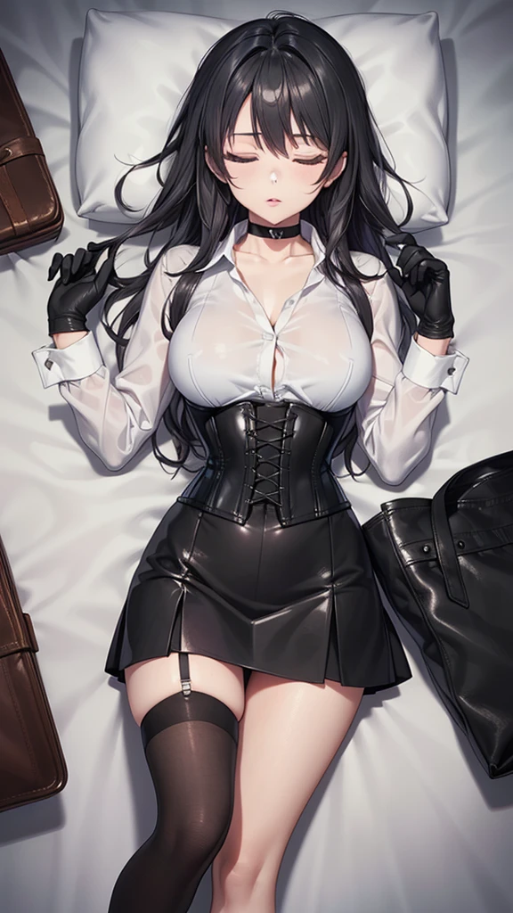 masterpiece, Superior image quality, High resolution, 4k image,photo and gross, photorealistic, whole body, ung teenl, lying on a bed {{{vagina}}}, beautiful face, long black hair, closed eyes, pink cheeks, sleeping expression, choker:1.6, (white collar button down long sleeve shirt), black gloves, gloves that cover hands, (black leather corset), (shiny black miniskirt), Sensual Lips, view from above, looking at the viewer, elegant room, at night