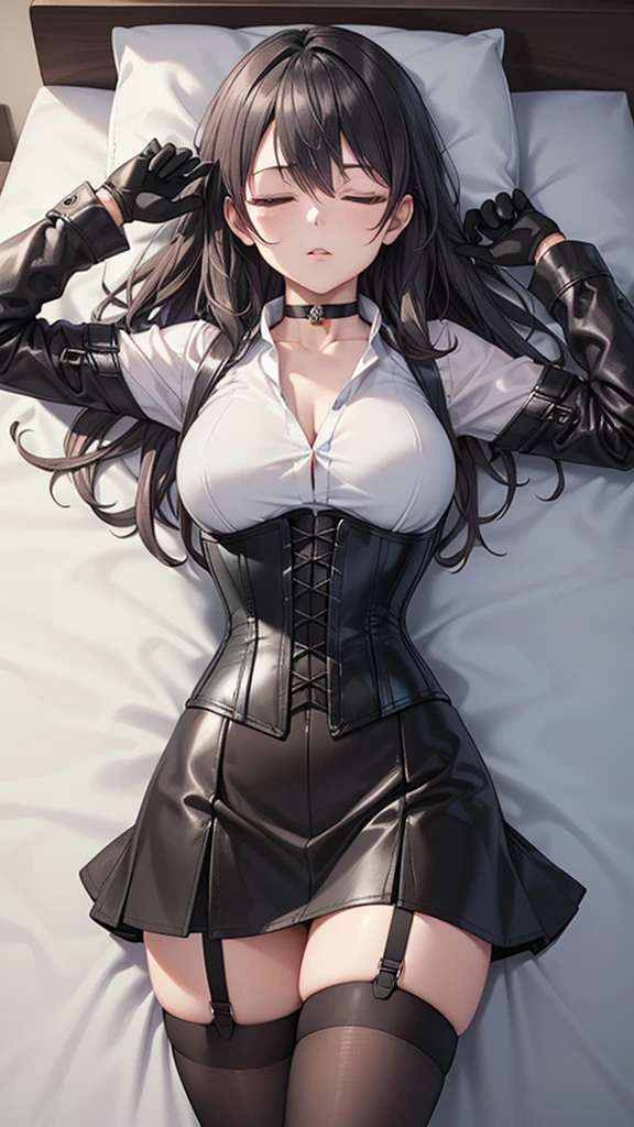 (extremely fine and beautiful:1.1), (perfect details:1.1), (finely detailed eyes and detailed face:1.3), shirt, necktie, hair ribbon, gloves, belt, skirt, detached sleeves, grey pantyhose, masterpiece, best quality, 1girl, stocking, voluptuous, huge breasts, nipples, solo, pov, lying, shy