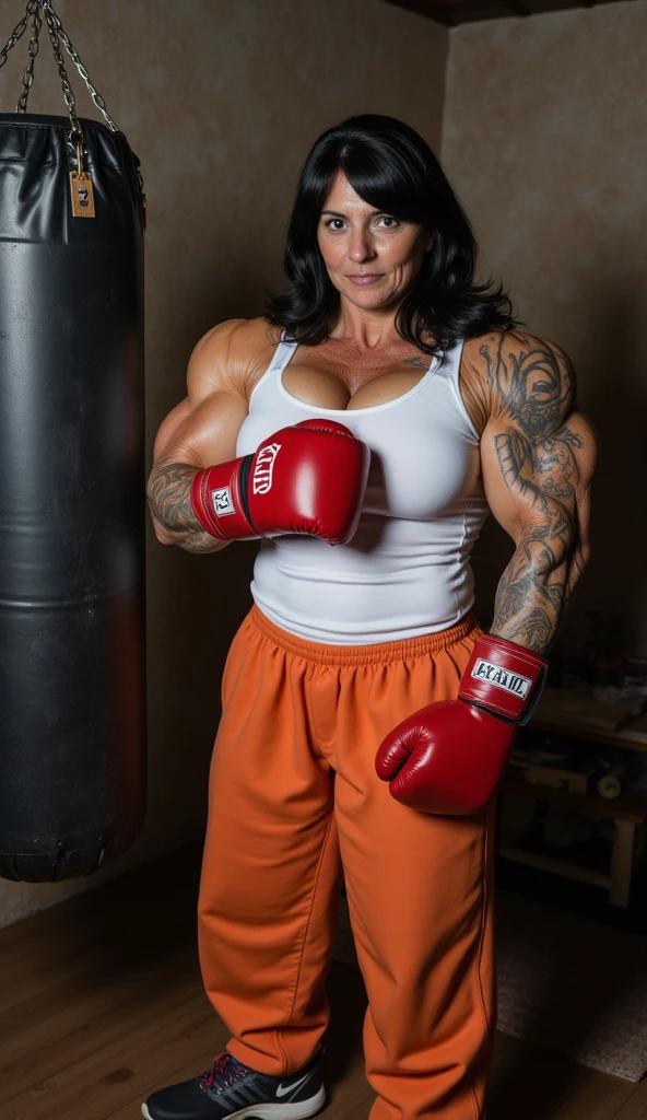 Beautiful prison boy, orange clothes, handsome boy, strong, muscular, best quality, Brown eyes, black hair, long hair, tattooed body, full body tattoo