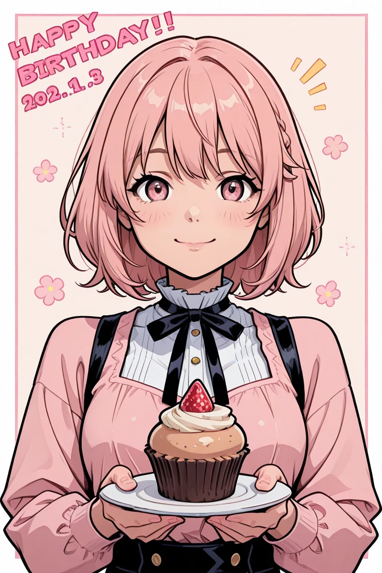 Perfect face. Perfect hands. A pink haired woman with violet eyes with an hourglass figure in a cute sweater and jeans is eating a cake with a big smile