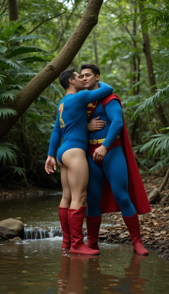 Batman squatting and hugging,photo realistic,Two men licking each other with their tongues,1980s, luxurious shower room, gay, bara, 2men, two men naked,Batman and his old butler, Batman (wearing Batman mask only,hairy body, many old scars) with a childlike smile hugs his beloved old man Alfred (white hair, white body hair, tall slim muscular) chest and licks it with his tongue, slim tall Alfred hugs him with a smile and gently strokes Batman's head, erection, penis, Batman's small penis, the old man's large penis