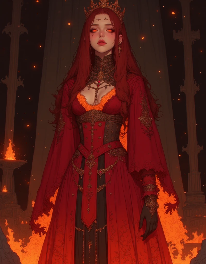 Woman body set large breasts(best quality, highres, ice skull:1.1), A girl with a body made of lava, featuring a Dracula Orchid pattern. (best quality, ultra-detailed), (realistic), vibrant colors, intense lighting, lava-like texture, hauntingly beautiful composition, surreal atmosphere, contrasting dark shadows, mesmerizing glow, detailed facial features, flowing lava tendrils, fiery eyes, ethereal presence, intricate floral patterns, mysterious aura."