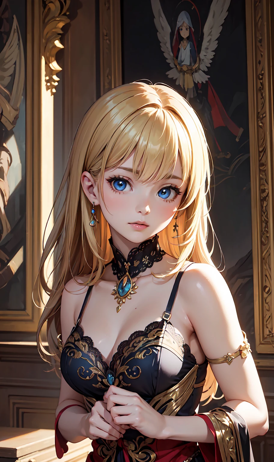(photorealistic:1.4), (masterpiece, sidelighting, finely detailed beautiful eyes: 1.2), masterpiece*portrait, realistic, 3d face, glowing eyes, shiny hair, lustrous skin, solo, embarassed, (midriff), black underwear, blonde hair,nude