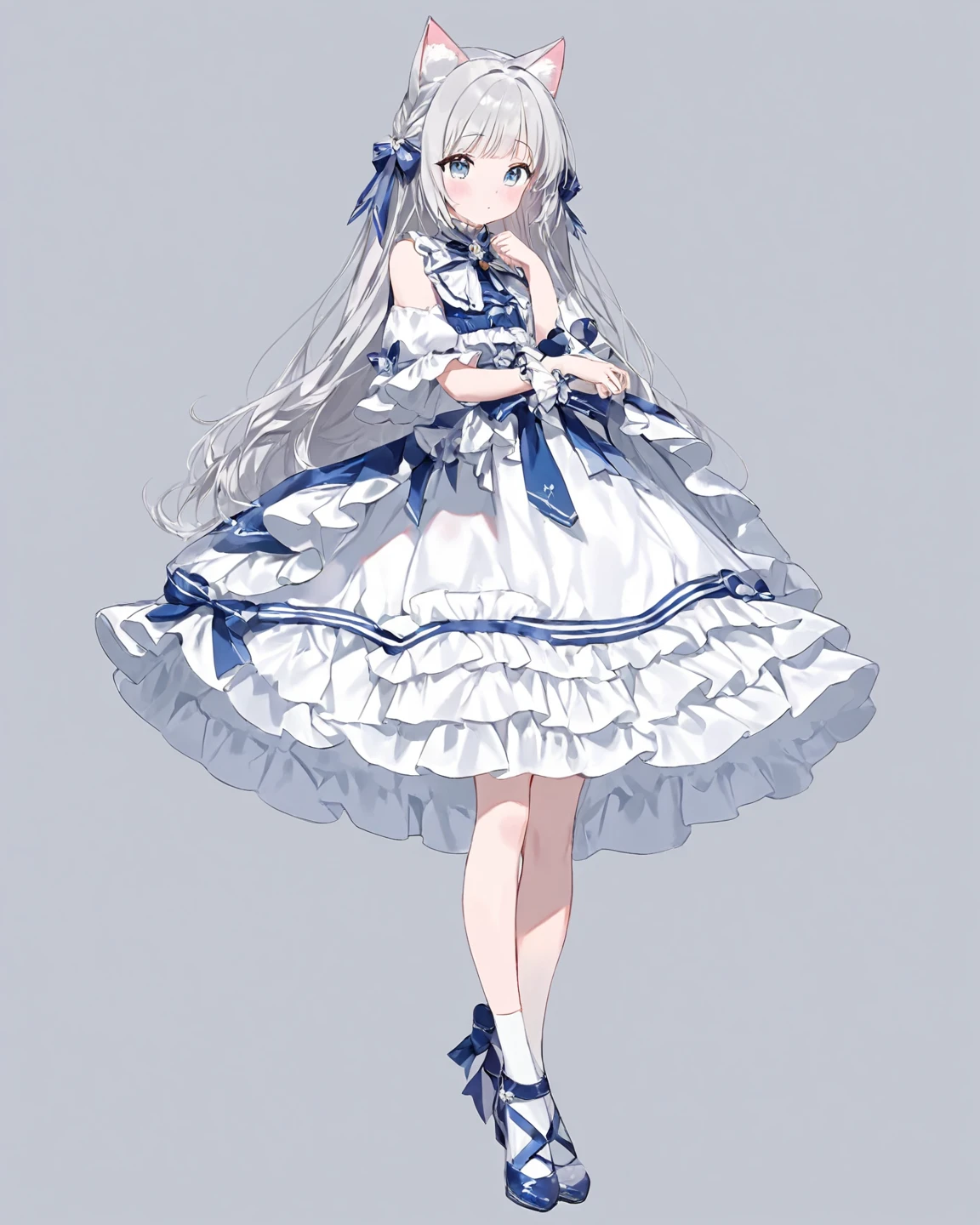 lexington \(warship girls r\),((Best quality))),((Ultra-detailed)),((illustration)),((Disheveled hair)),((frilld)),(1 girl),(Solo),
1girl,blue eyes,dress,flower,fur trim,gradient,gradient background,grey background,hand on hip,hat,hat flower,high heels,long hair,pantyhose,red flower,red rose,rose,solo,gray hair,
