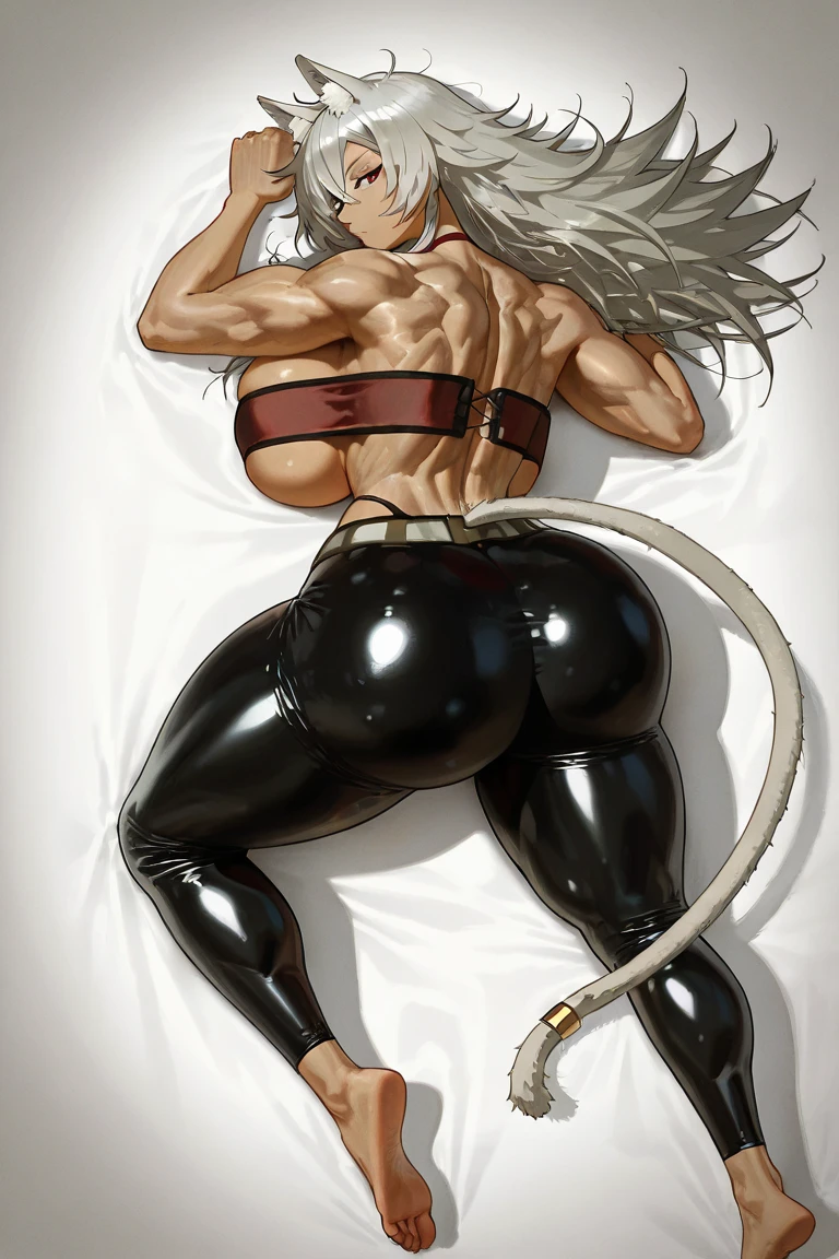 beautiful young woman, long black hair tied in high ponytail, violet eyes, dark skin, muscular, athletic, medium breasts, huge ass, french maid outfit, tearing clothes, (her muscles tear her outfit: 1.4), embarrassed, blushing, (extremely long black hair: 1.3), (high ponytail: 1.3), violet eyes,