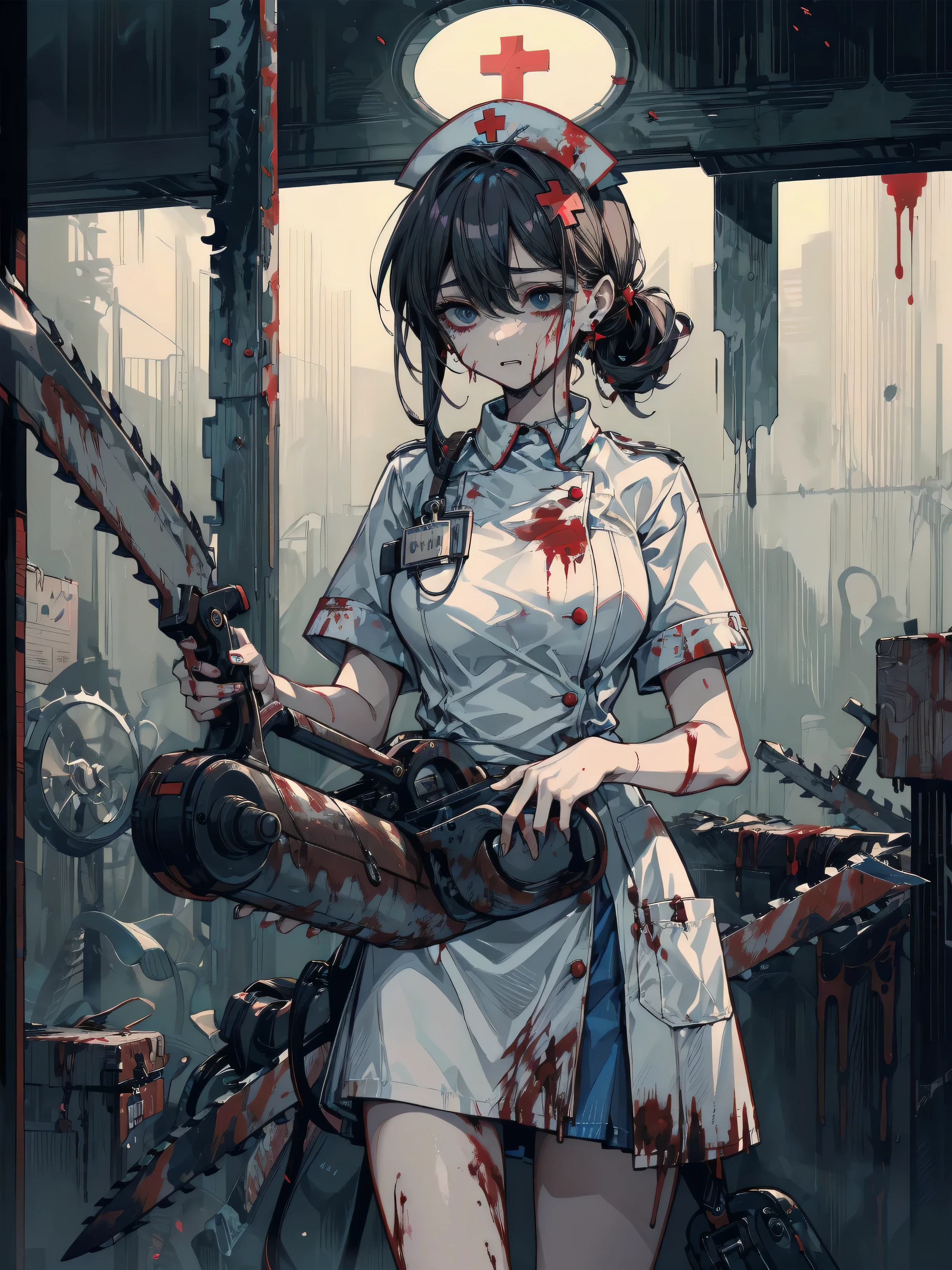 ((blood)), ((blood splatter)), ((blood on clothes)), ((blood stain)), hospital, ((nurse uniform)), ((holding mechanical-chainsaw)), absurdres, RAW photo, extremely delicate and beautiful, masterpiece, Best Quality, ultra high resolution, 32k, hyperrealistic, ultra-detailed, detailed description, pale skin, 20 years old, tearful mole, earring, Colossal , short medium hair, wavy hair, evil grin, full body shot,