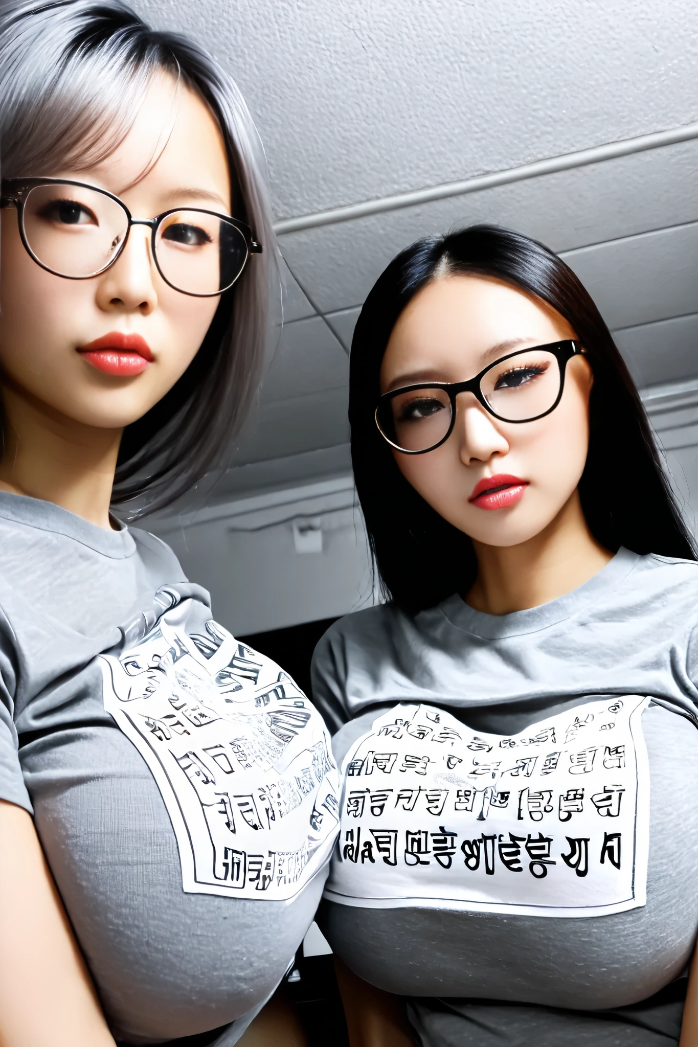 Very detailed picture, 3 respectable respectful girls wearing t-shirts with covered huge breasts, their breasts is covered very well by grey t-shirts , 3 girls, 18 year old beautiful Korean slim girls, wearing eyeglasses, wearing grey t-shirt with words "Moms" in everywhere on The grey t-shirt,  " Moms" on the middle and bottom of the grey t-shirts , view from below, very close to the grey t-shirt , over-size grey t-shirt with full view and clear, they have dark black y, view from below, very close