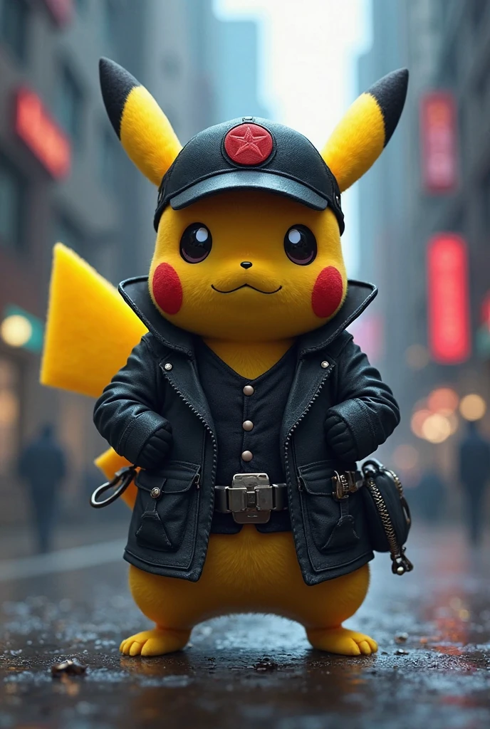 Pikachu with captain's cap with tattoos and with clothes doing tattoos, make it a little rough