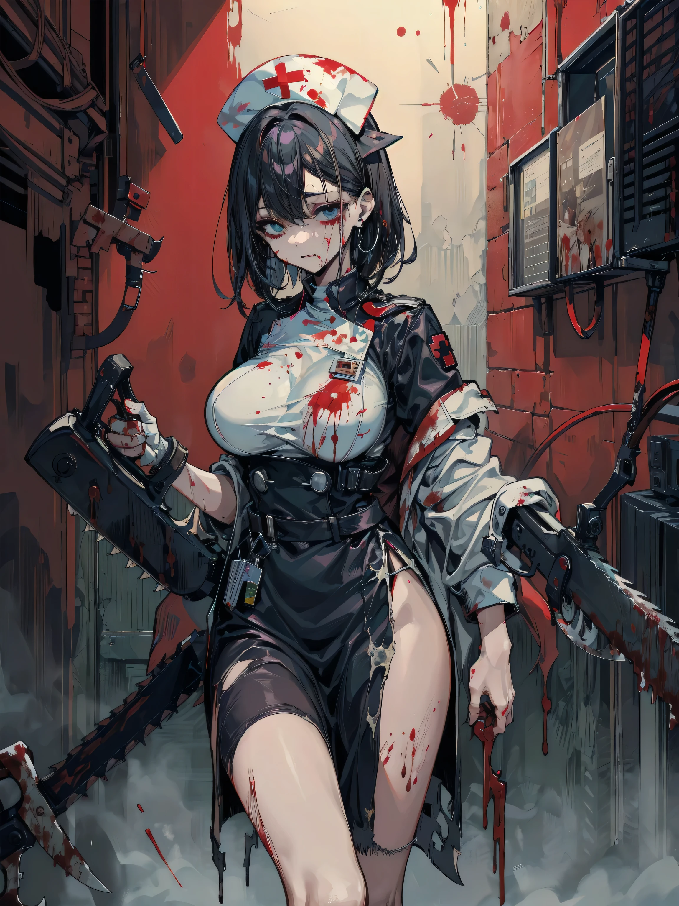 top-quality、Top image quality、in 8K,4K,masterpiece、(NSFW:1.1)、ultra-detailliert、Beautiful、ultra-quality、adult-like、Cool、((Undersized breasts:1.4、Narrow cleavage, under the boobs, (Bloods:1.4), wounds, (Bloody:1.1), Blood everywhere, (Blood on clothes:1.1), blood pool, (Covered with blood:1.3))、girl with(((18year old、bloody bat:1.5、Bra:1.2、shortpants:1.3、silber hair、a short bob:1.3、Putting out fangs:1.5、my hair is covered in blood、Red Eyes、erotick:1.4、Happiness、The tattoo)))、hiquality、visualart、Background with((neons, the night:1.3、City Background:1.3、Zombie swarm:1.3))、masutepiece