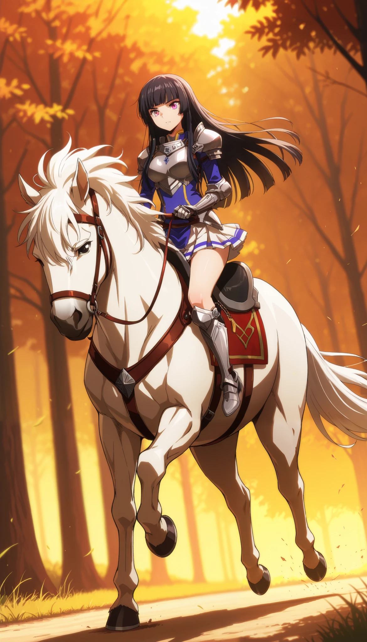 (masterpiece:1.3), (8K, best quality:1.3), Highest image quality, intricate details, high resolution, depth field, Natural light, professional lighting, motion blur background, BREAK, kisyu, riding, horse, both hand holding rein, (a female knight riding a horse intense horseback riding chase in the forest, (((kjosakuya, pink eyes, hime cut, long hair, {black hair}, medium breast, head turn around, grit teeth]), (silver armor, silver shoulder pads, white miniskirt, gauntlet, gloves, bare legs, silver greaves)), ([white horse:1.2, white mane, long mane, black eyes, white tail, saddle, reins, bridle, stirrups, running), BREAK (forest), BREAK solo, (from front:1.2), FULL BODY, anatomically correct 