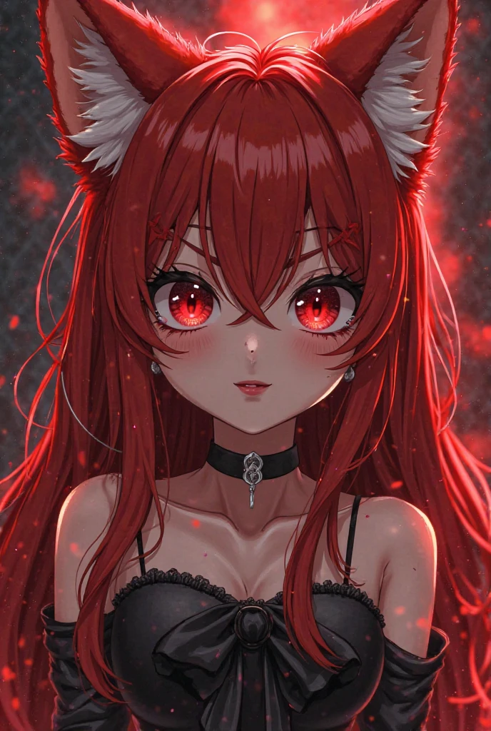 Anime woman with long red curly hair wolf ears and red eyes