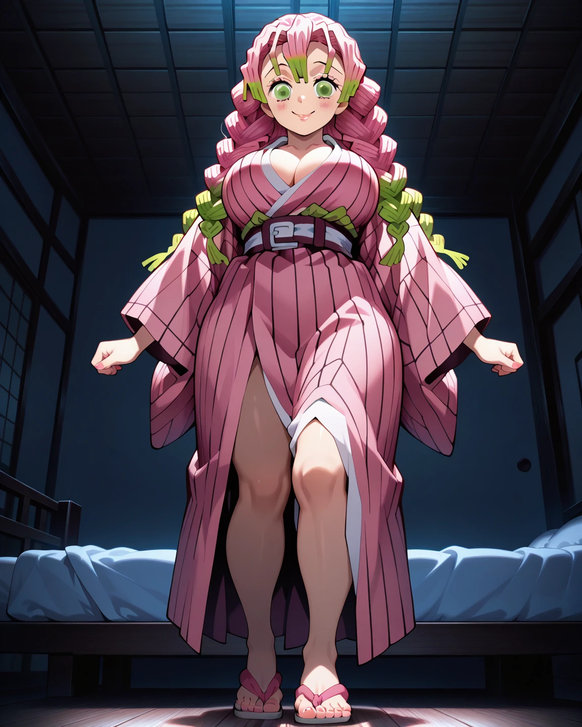 1 girl, alone, Mitsuri Kanroji (demon slayer), big breasts, medium waist, wide hips, medium thighs, round butt, sexy body, curvy body, seductive posture, standing, indoors, Japanese farm, room, hands on the work waist,(latex bikini:1.3), green bikini,(green bra),(green thong),bangs, green hair, faded hair, alone, standing, black, multicolored hair, breasts, smile, green eyes, twin braids, pink hair, long hair, portrait,solo,1girl, looking at viewer, head on, focus on breasts, point of view (from above), moonlight landscape, perfect eyes, sex, perfect anatomy, perfect hands
