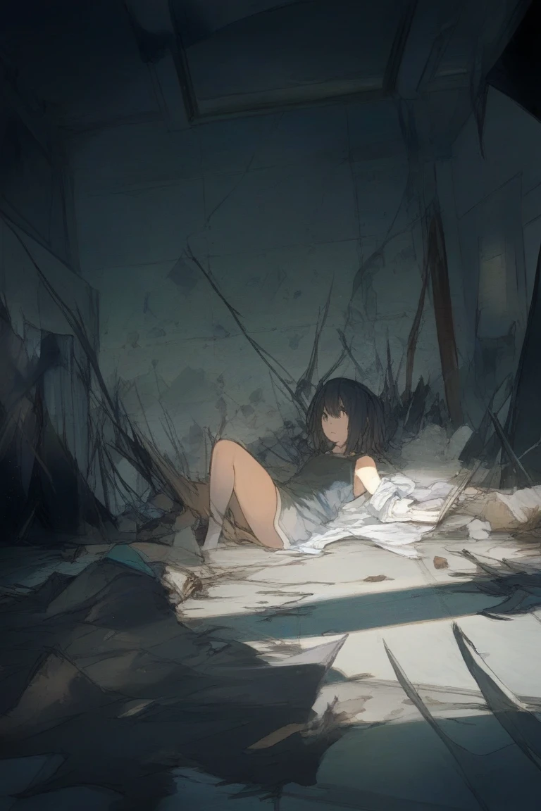 pitch black room,messy hair,lifeless eyes,black eyes,black hair,solo,nude,messy room,half open mouth,looks sleepy,looks lazy,half open eyes,cave,rubble,hunched back,close-up