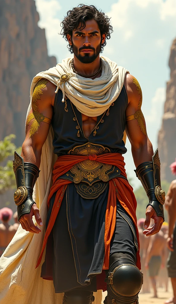 A desert-dwelling warrior, his body covered in shifting sands that form a protective armor. His skin is coarse, and his eyes are the color of sun-baked dunes. He wields a scimitar made of hardened sand that moves like a whip.
   - **Powers**: He can manipulate sand, creating sandstorms that blind and choke his enemies. He can also solidify sand into weapons or armor, and even turn his body into a swirling mass of sand to avoid attacks.








