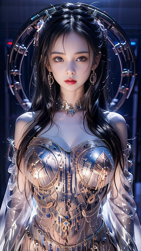 Woman wearing a transparent dress with red crystal diamonds.,Showing the viewer,(((medium chest, neckline ))),narrow waist,(belly button,naked waist), by the wide, ultra detailed details,Jingui Luxury Station, storm scene, detailed fantasy art, amazing character art, Beautiful and detailed character art., Beautiful gold and silver armor., Very detailed, Girl in shining armor, beautiful tiara and jewelry,Crystal Jewelry Filigree, Milky Way, amazing images, (light truck:1.2), vibrant colors,